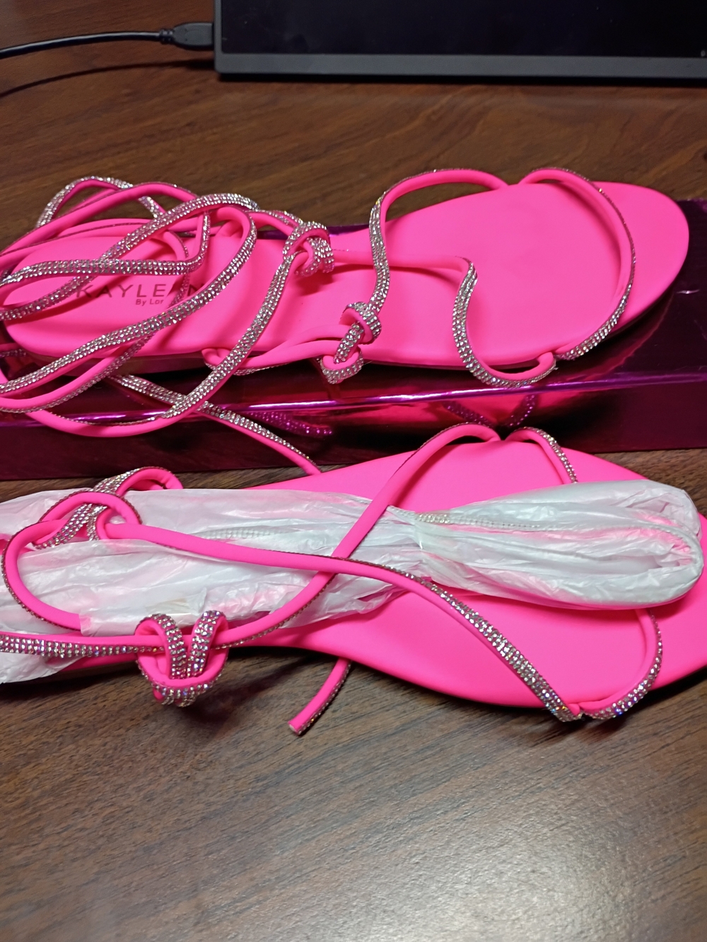 KAYLEEN By Los Angeles Neon Pink Rhinestone Lace-Up Sandals
